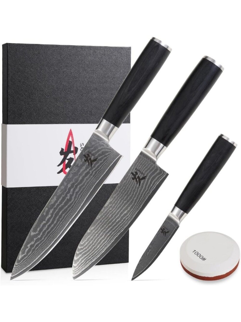 Professional Chef Knife Set - Santoku & Paring Knives with Sharpening Stone